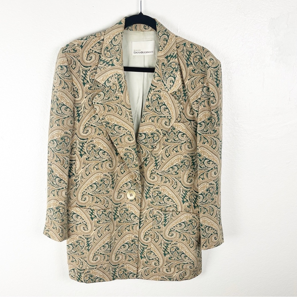 DANA BUCHMAN 100% Silk Paisley Print Lined Front Pockets Single Button Blazer